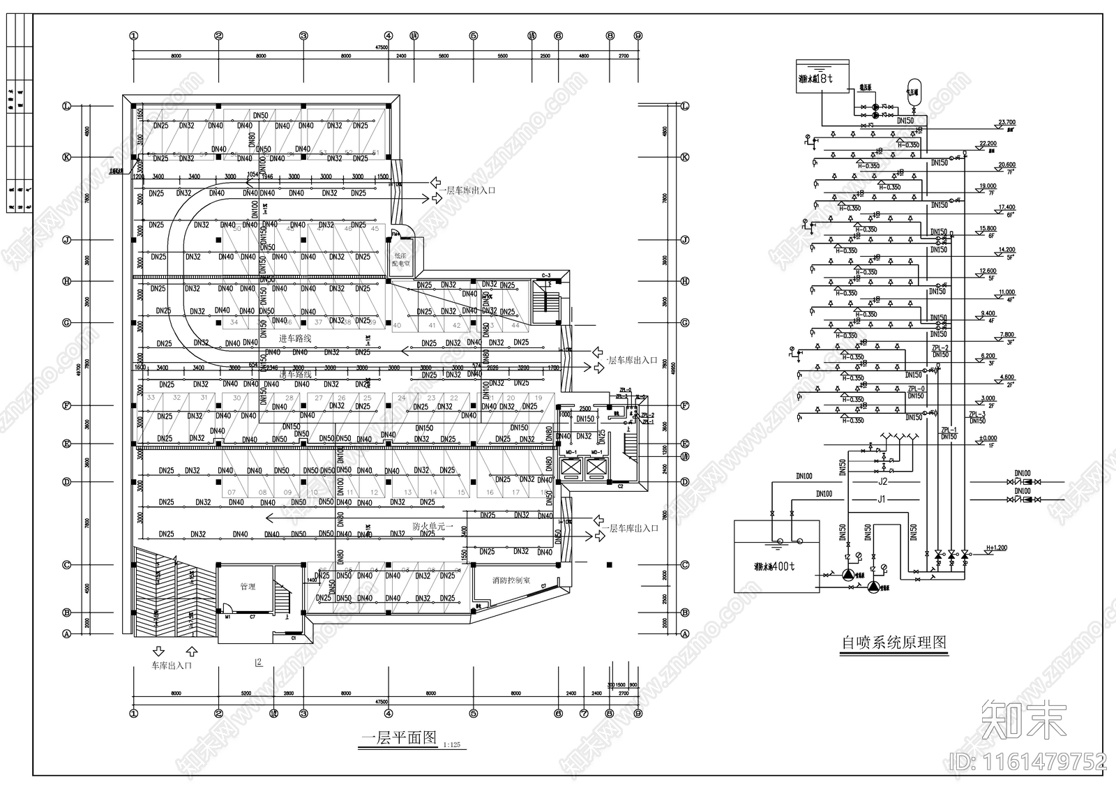 七层停车库给排水和消防图cad施工图下载【ID:1161479752】