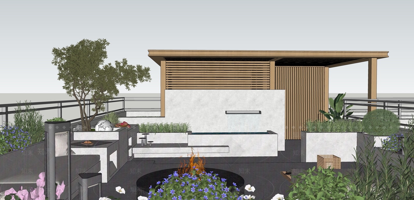 现代屋顶花园景观设计围炉茶歇SU模型下载【ID:1161745905】