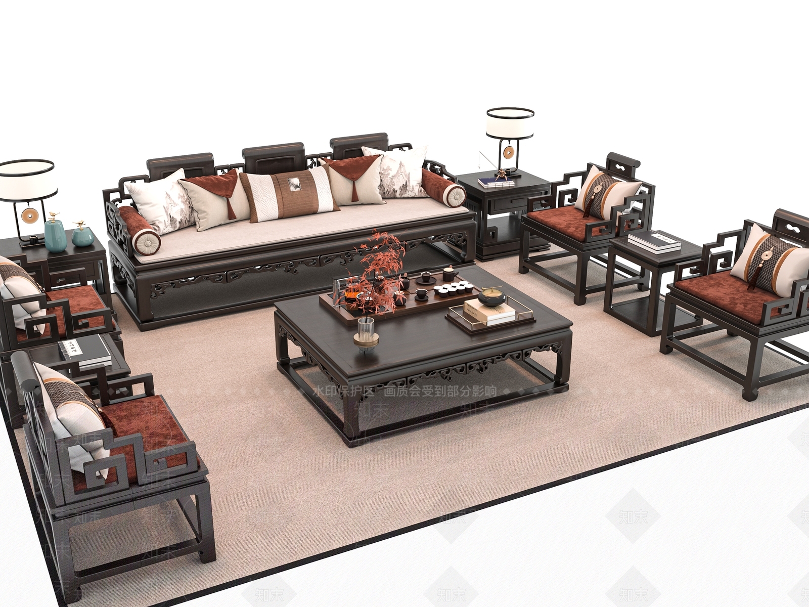 新中式沙发茶几组合3D模型下载【ID:1161493320】