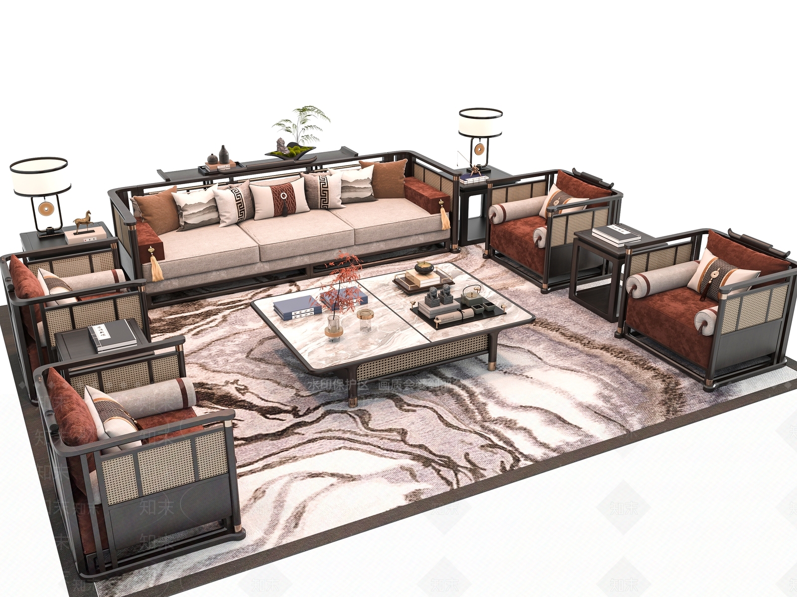 新中式沙发茶几组合3D模型下载【ID:1161496268】