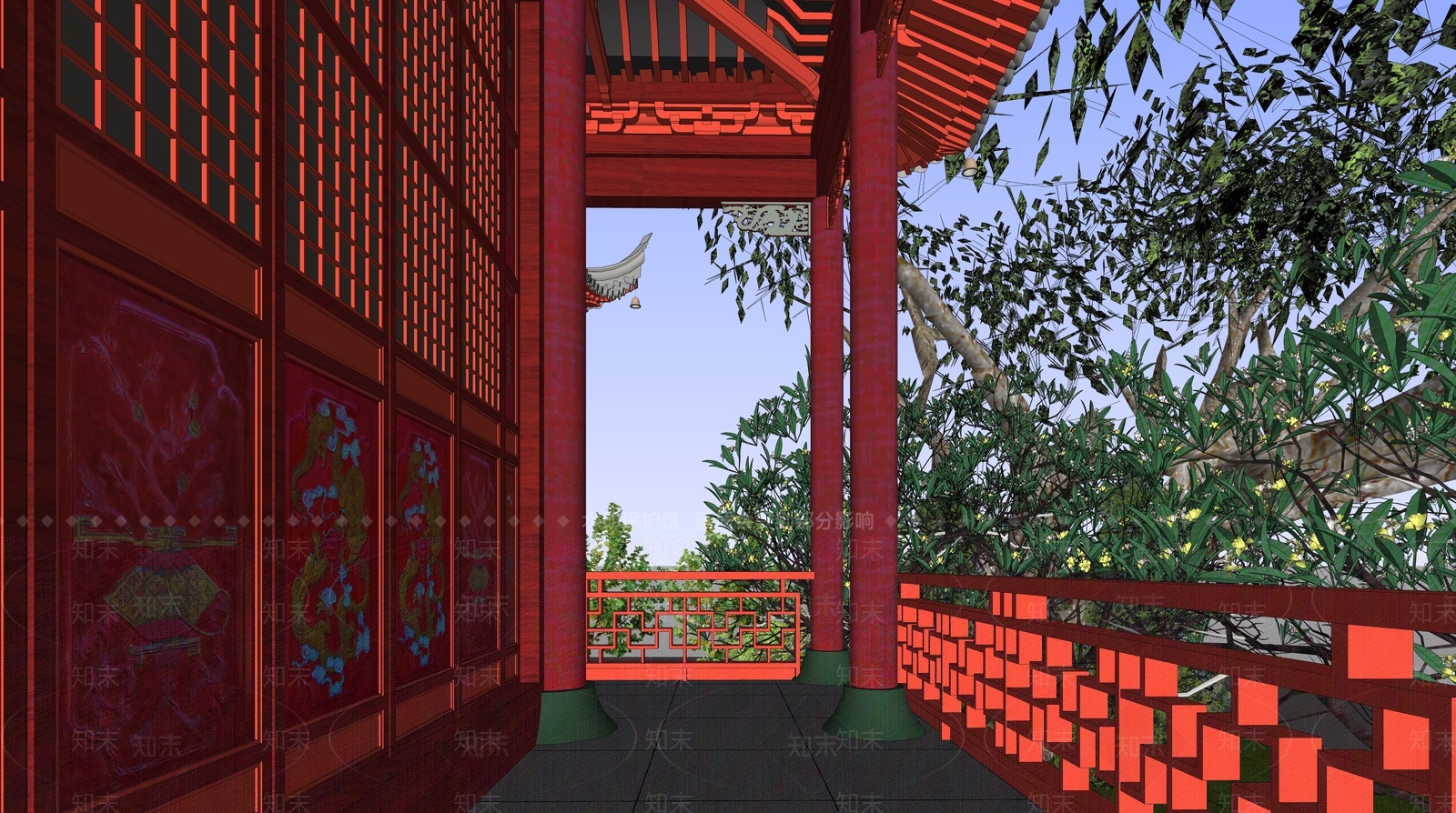 中式传统红色皇家园林连廊SU模型下载【ID:1161512128】