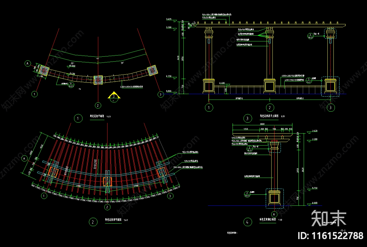 公园弧形花架廊架座凳详图cad施工图下载【ID:1161522788】