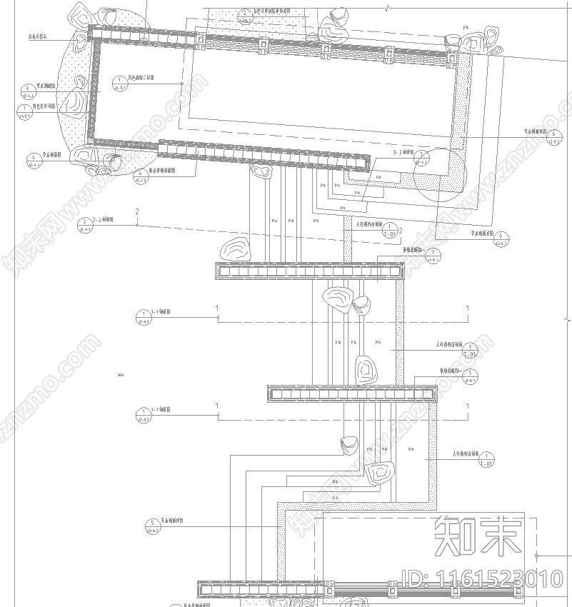 悬臂廊架台地公园景观施工图下载【ID:1161523010】