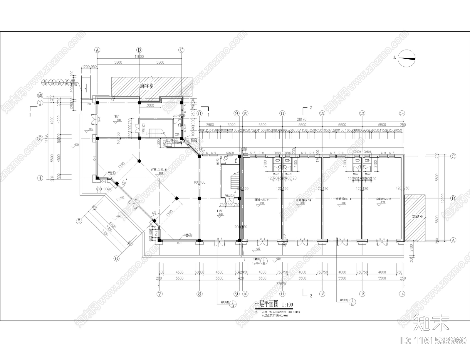 转角二层商业全专施工图下载【ID:1161533960】