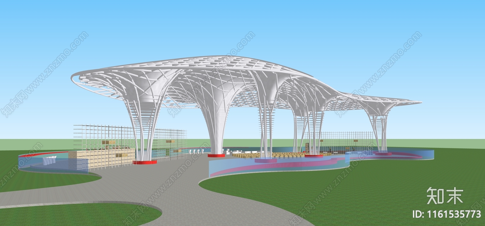 现代曲线网状结构廊架SU模型下载【ID:1161535773】