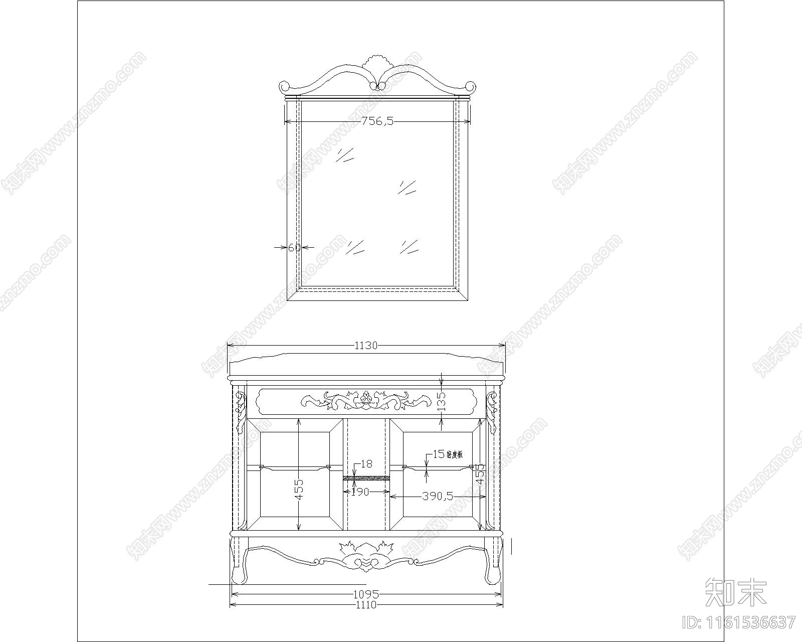 美式兽脚内草纹浴室柜cad施工图下载【ID:1161536637】