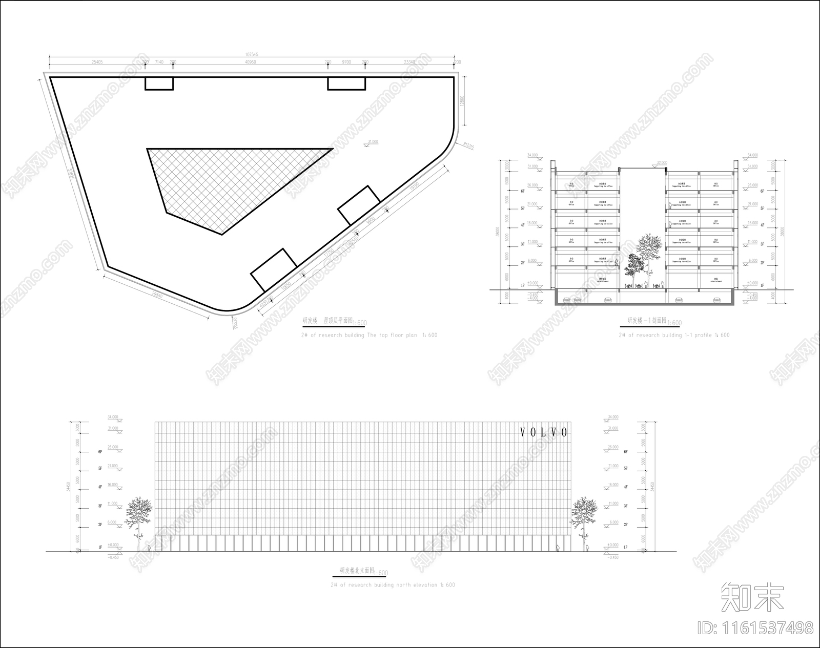 科研办公楼平立剖面cad施工图下载【ID:1161537498】