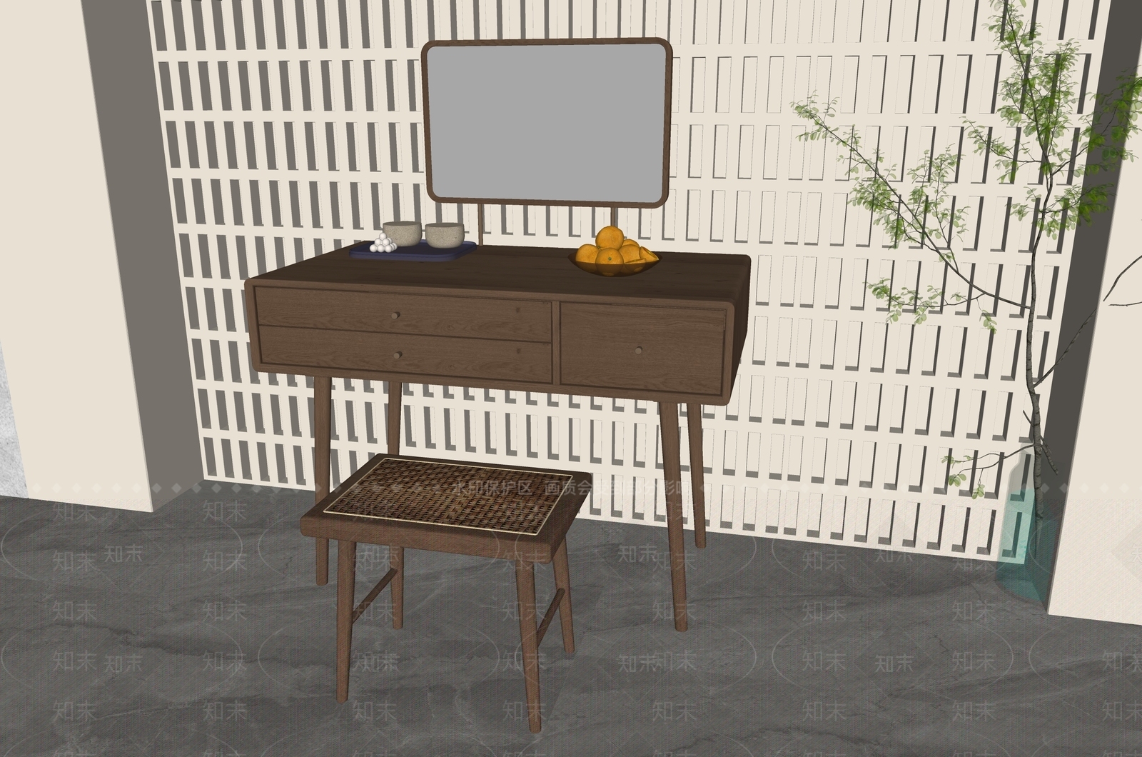 北欧梳妆台妆凳组合SU模型下载【ID:1161551738】