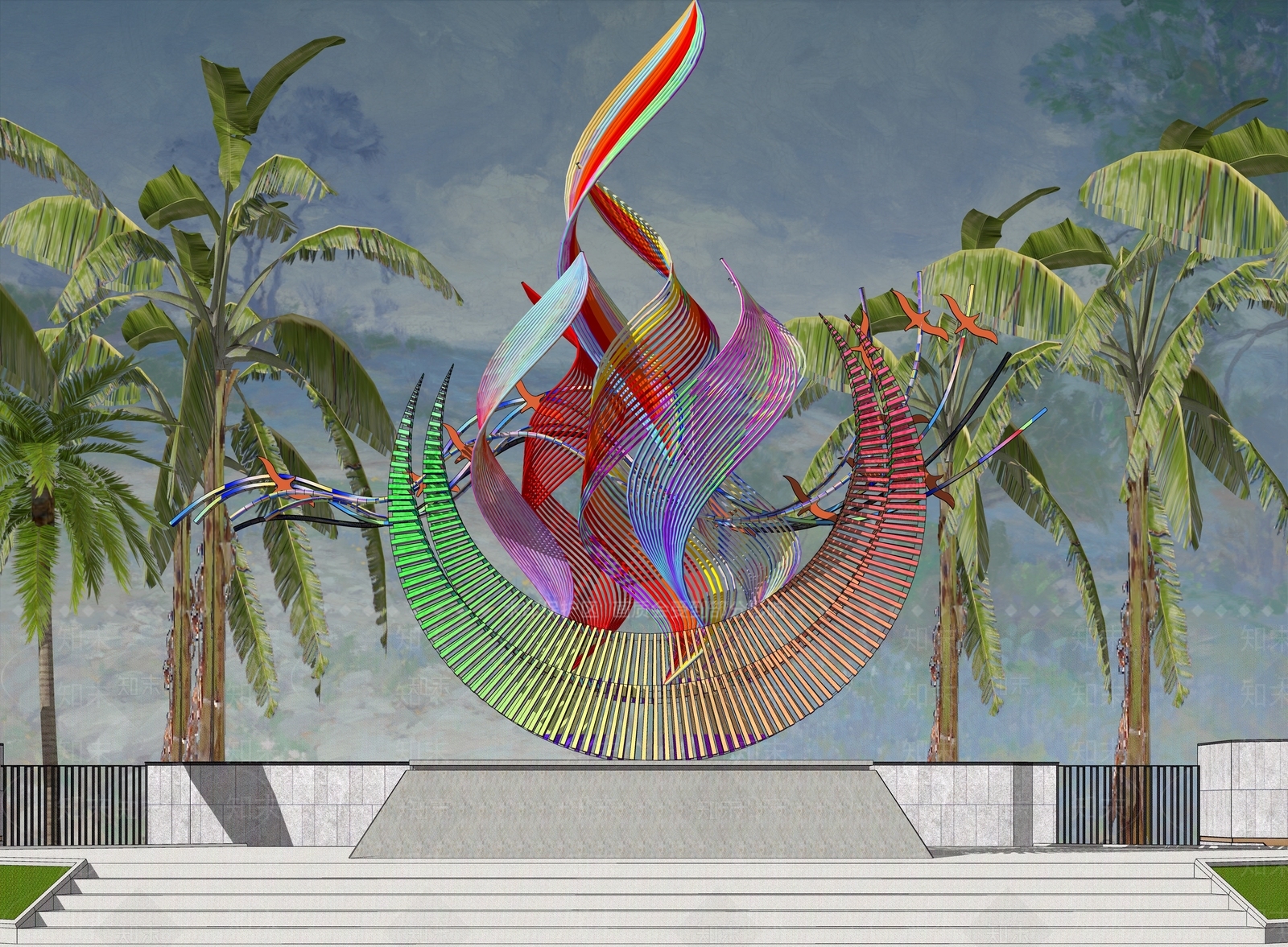 现代火焰线管流线广场雕塑SU模型下载【ID:1161553875】