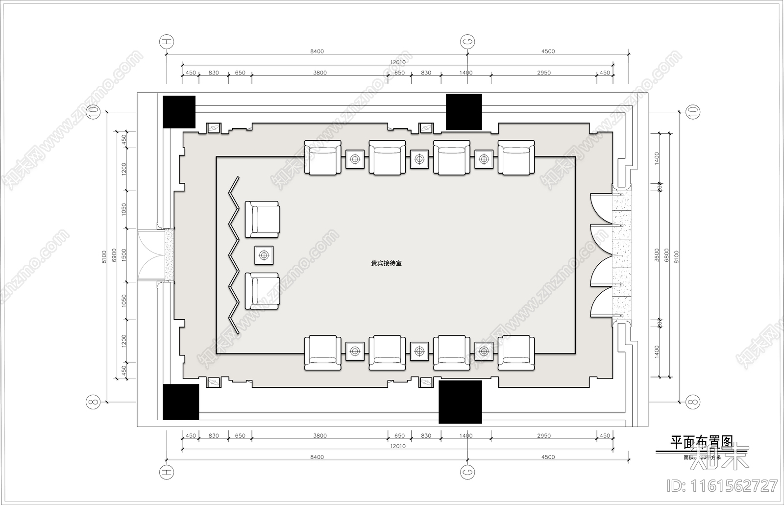 120平米贵宾接待室平面布置图施工图下载【ID:1161562727】