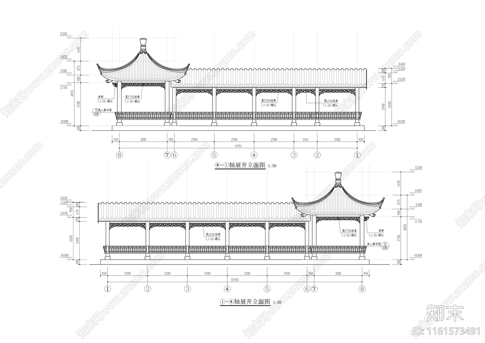 仿古亭廊连廊施工图下载【ID:1161573491】