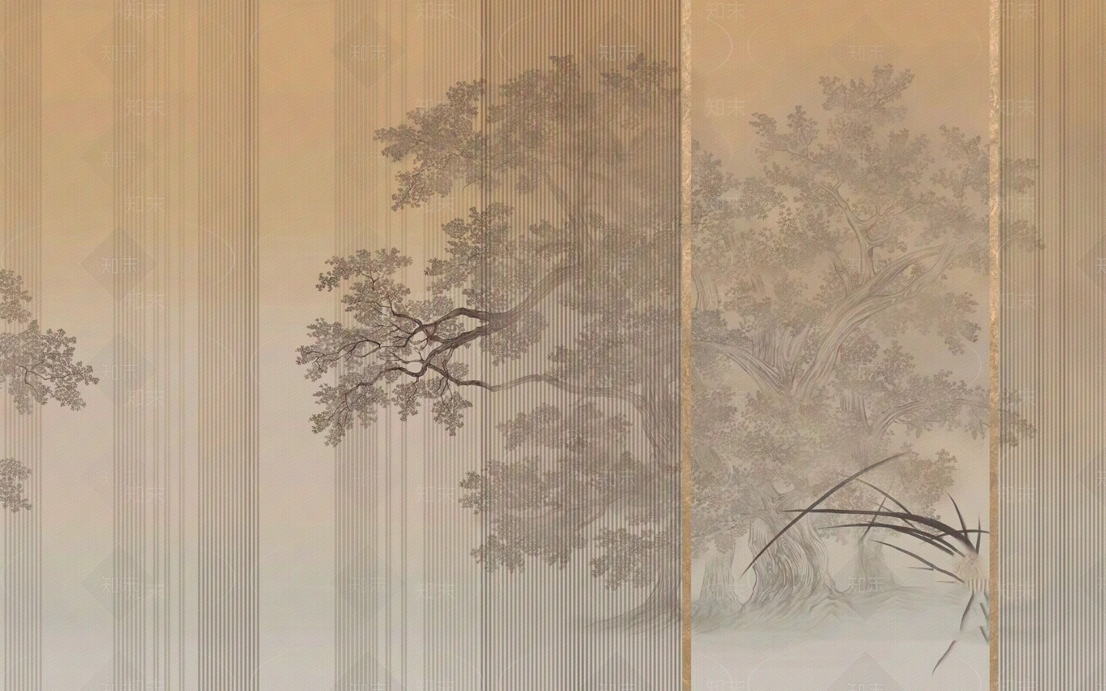 新中式暖色松树壁纸壁画硬包贴图下载【ID:1161579118】