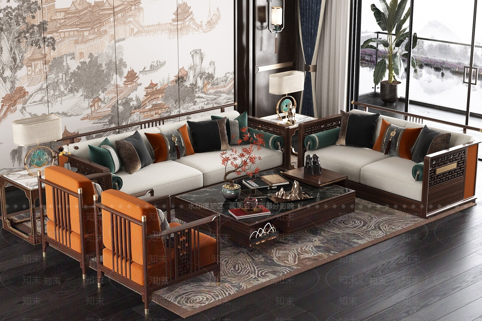 新中式沙发茶几组合3D模型下载【ID:1161579699】