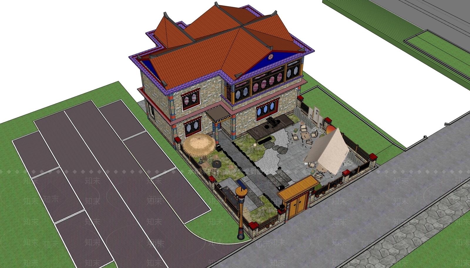 新中式甘孜乡村民宿庭院景观SU模型下载【ID:1161581802】