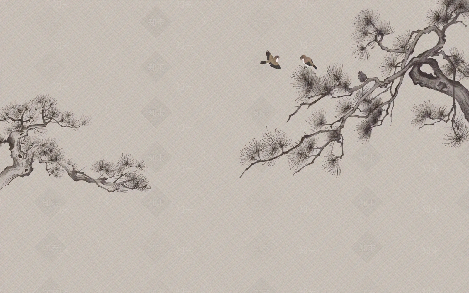 新中式暖灰色松树花鸟壁纸壁画硬包贴图下载【ID:1161589722】