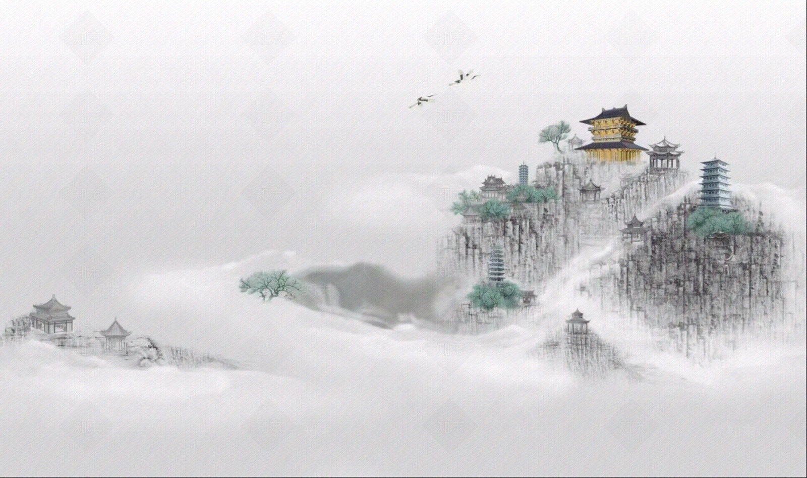 新中式灰色抽象山水建筑壁纸壁画硬包贴图下载【ID:1161591457】