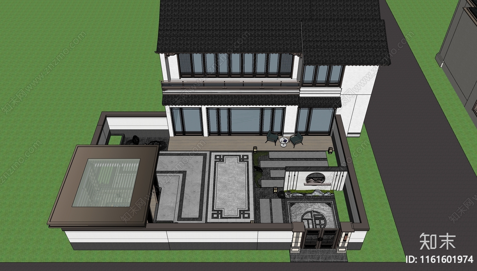 新中式别墅庭院花园景观SU模型下载【ID:1161601974】