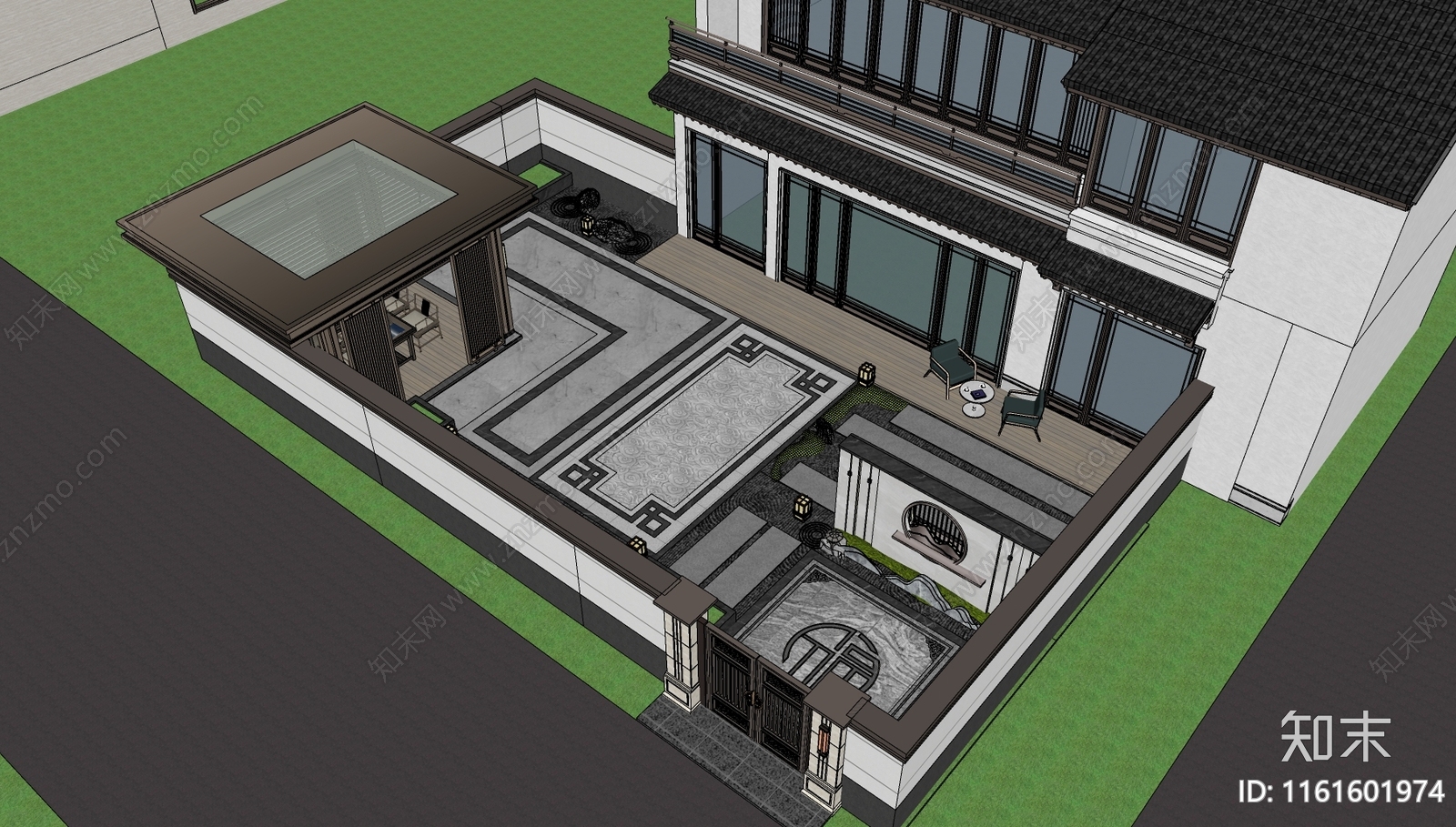 新中式别墅庭院花园景观SU模型下载【ID:1161601974】
