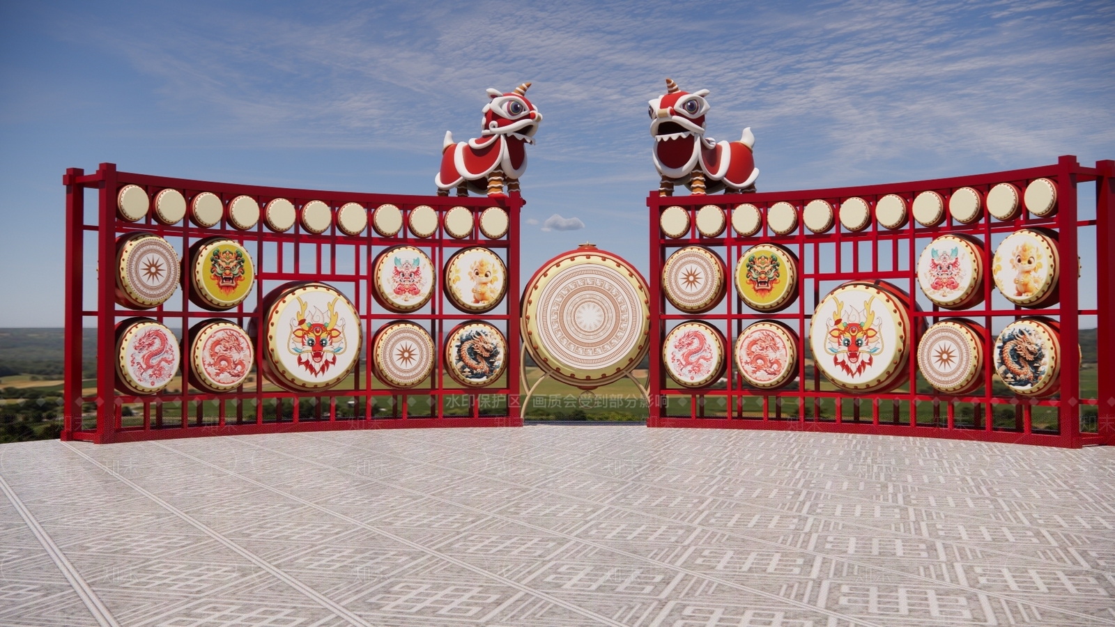 中式舞台舞狮庆典鼓架SU模型下载【ID:1161616605】