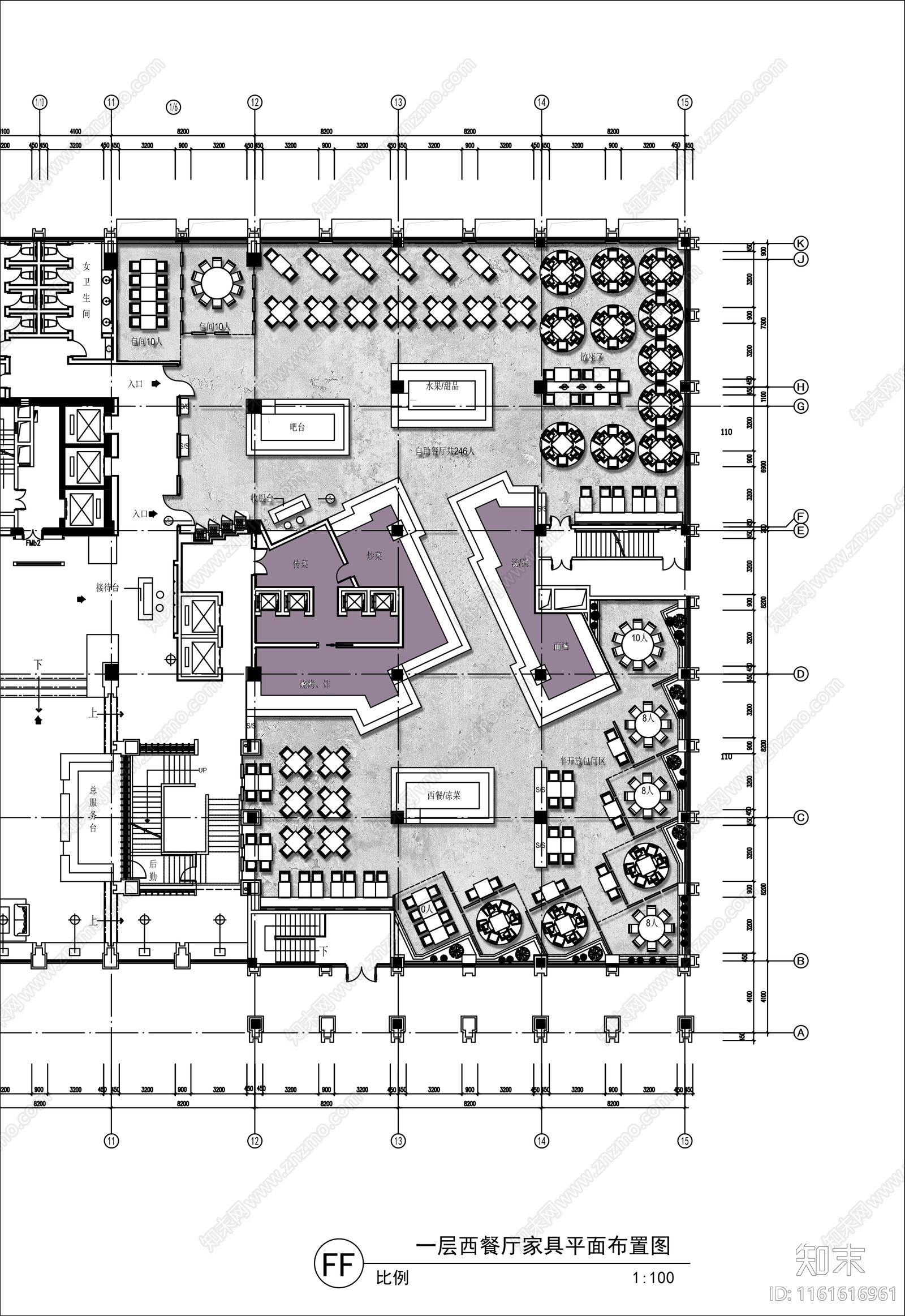 1500㎡西餐厅平面布置图施工图下载【ID:1161616961】