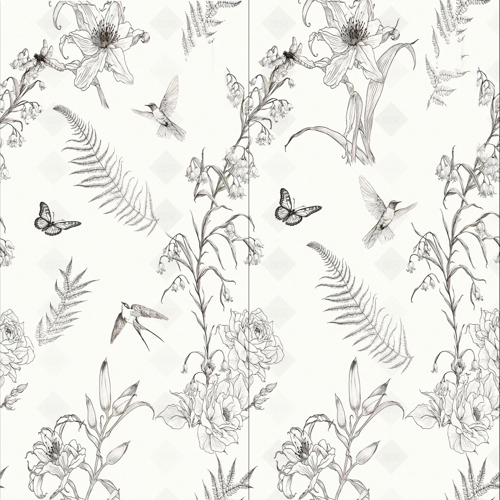 无缝黑白轻法式蝴蝶植物线条长条大砖花砖贴图下载【ID:1161619480】