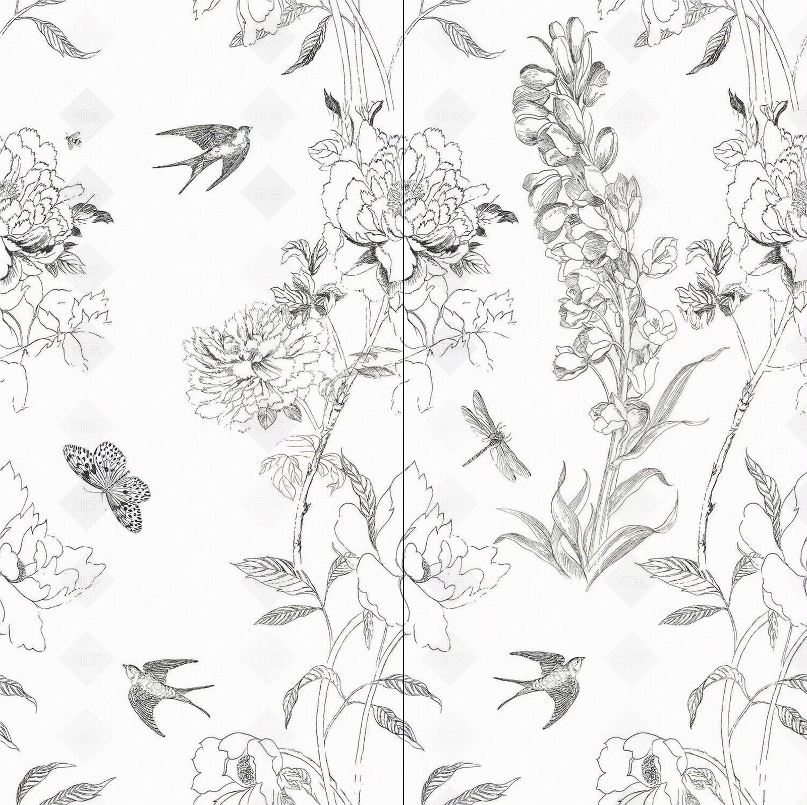 无缝黑白轻法式燕子长条大砖花砖贴图下载【ID:1161621358】