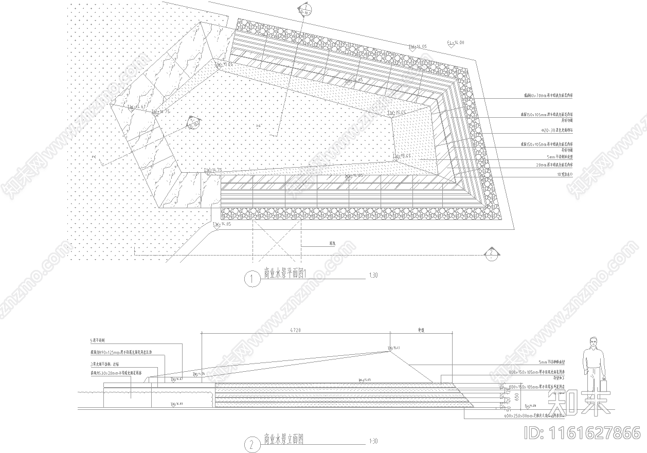 商业街异形折线钢板花基跌水池cad施工图下载【ID:1161627866】