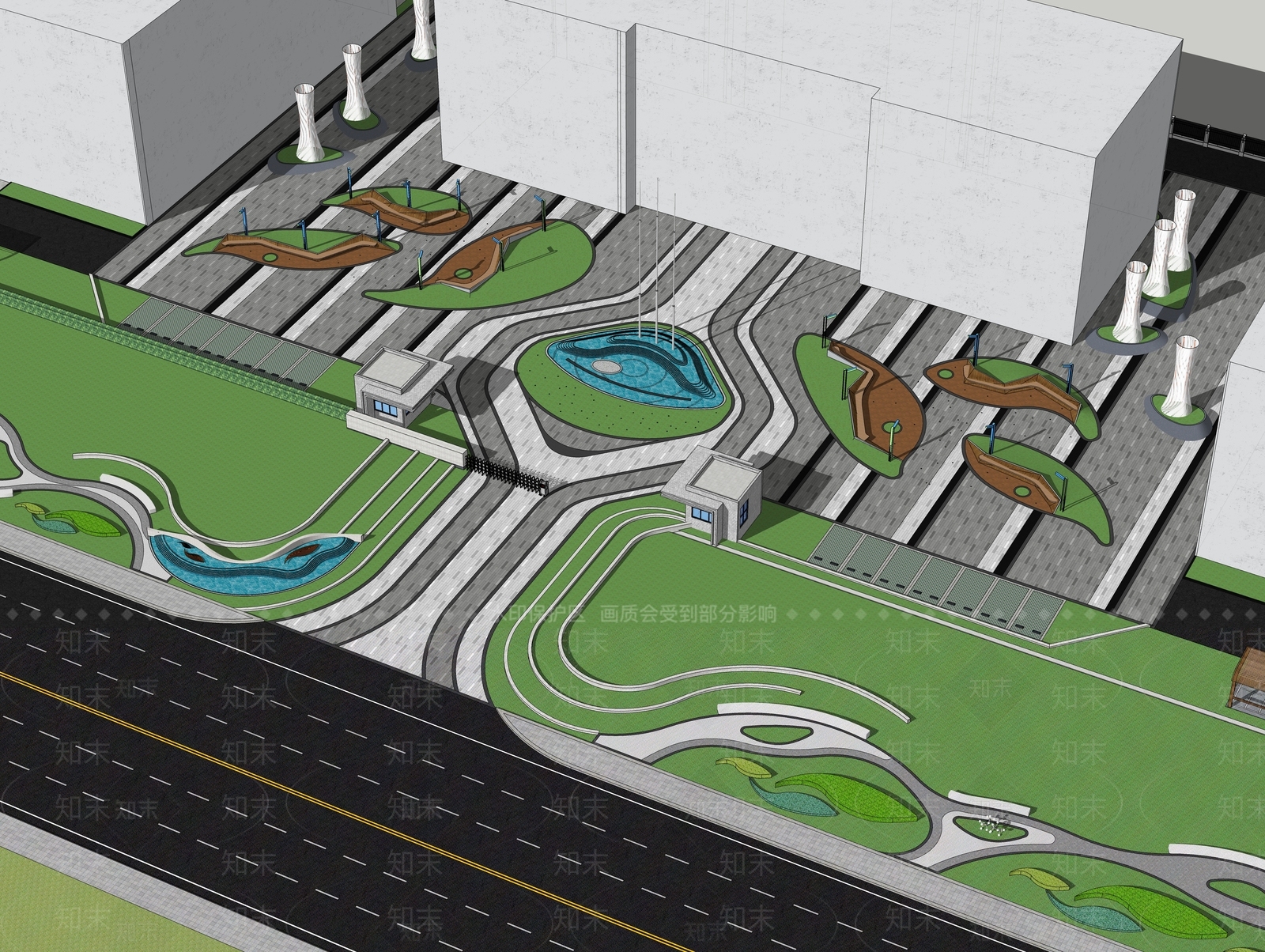 现代办公入口广场铺装景观SU模型下载【ID:1161633843】
