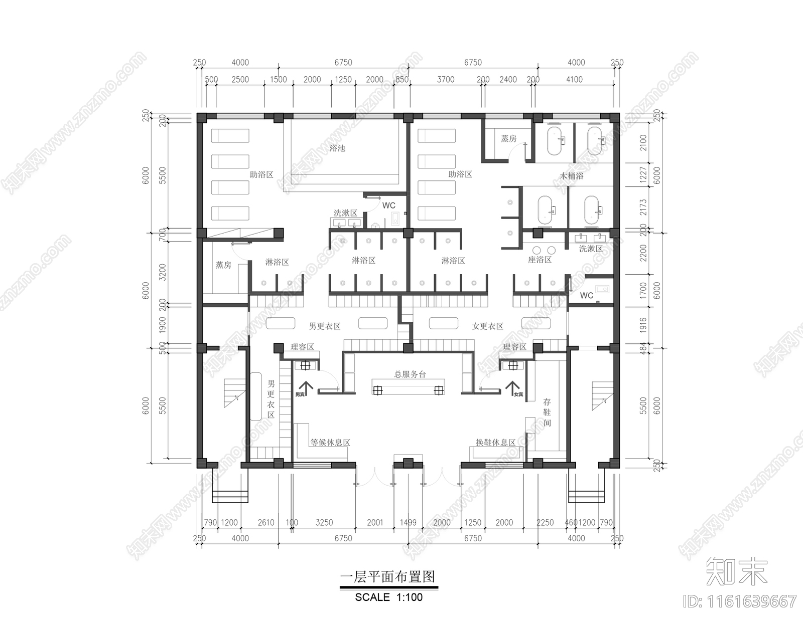 洗浴中心平面布置图施工图下载【ID:1161639667】