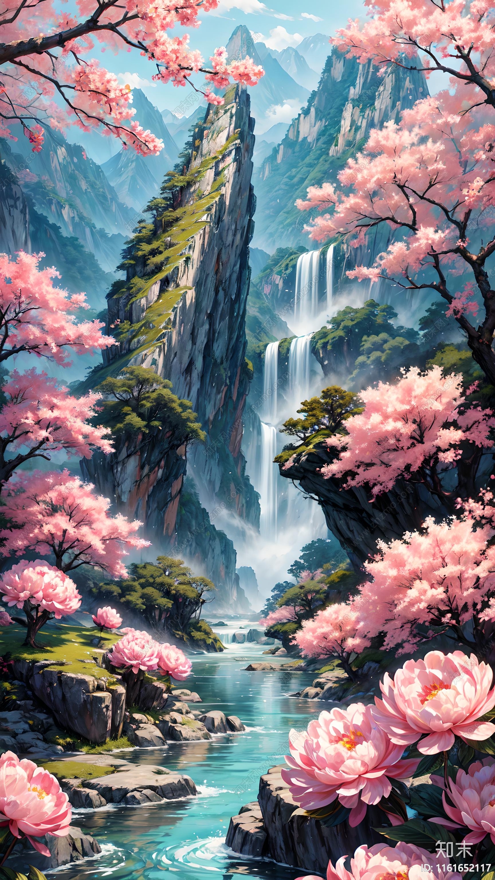 唯美插画山海风景油画壁画效果图贴图下载【ID:1161652117】