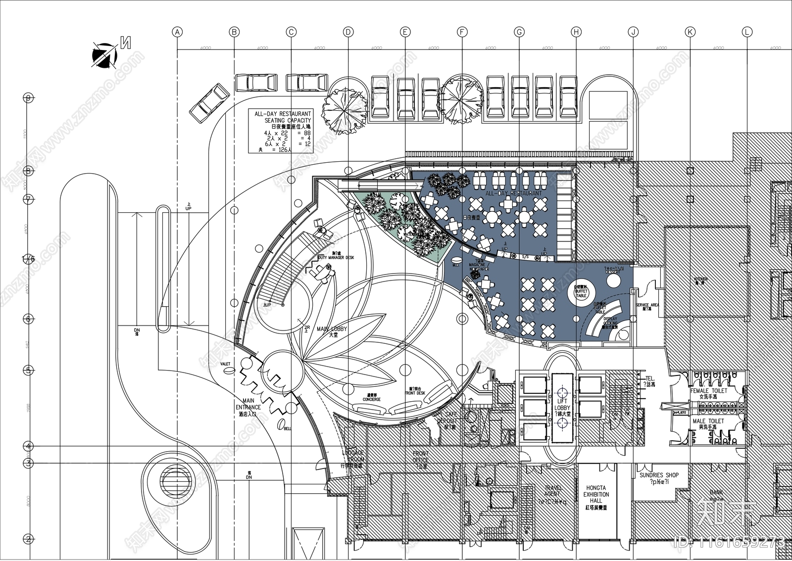 上海星级酒店大堂餐厅平面布置图施工图下载【ID:1161659273】