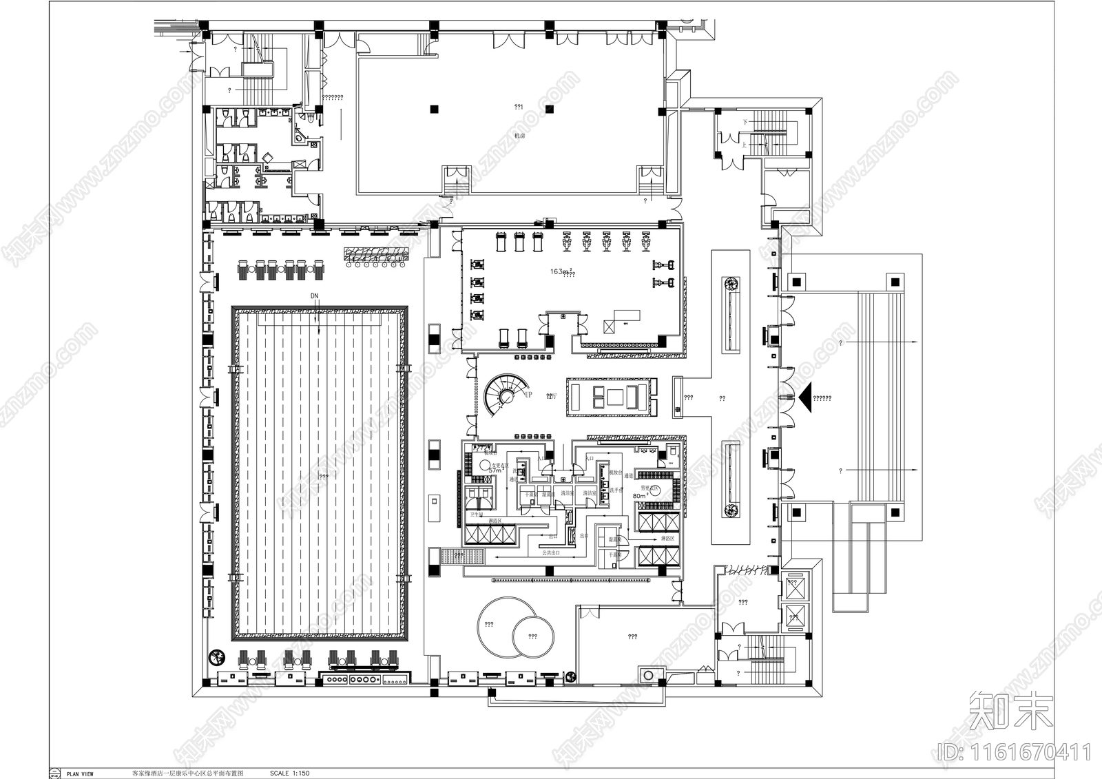 现代酒店休闲娱乐区游泳池健身房室内精装修cad施工图下载【ID:1161670411】