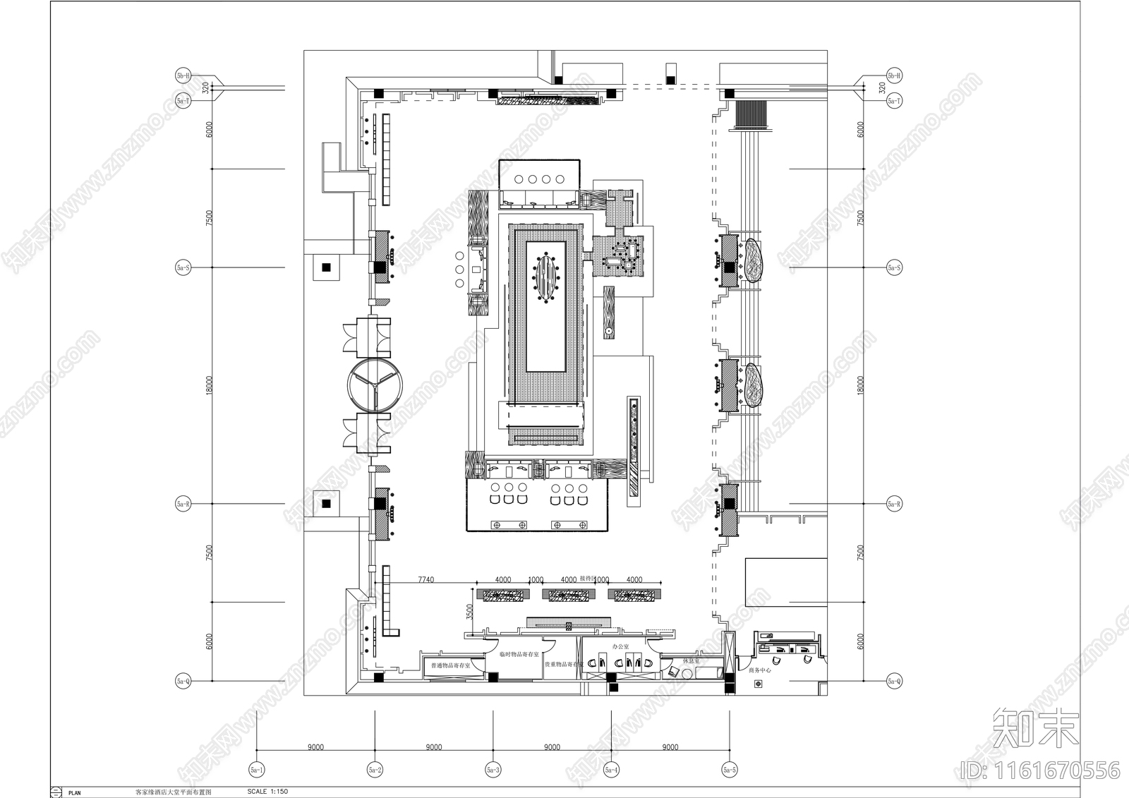 现代商务酒店首层大堂区商务中心室内精装修cad施工图下载【ID:1161670556】