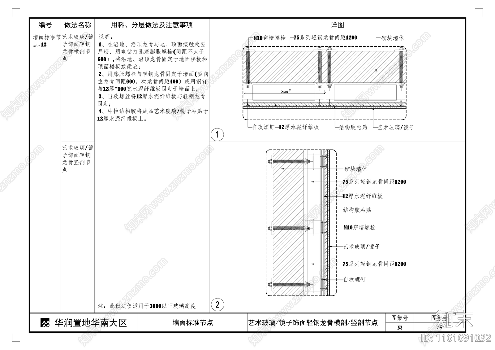 艺术玻璃镜子饰面轻钢龙骨横剖竖剖节点施工图下载【ID:1161691032】