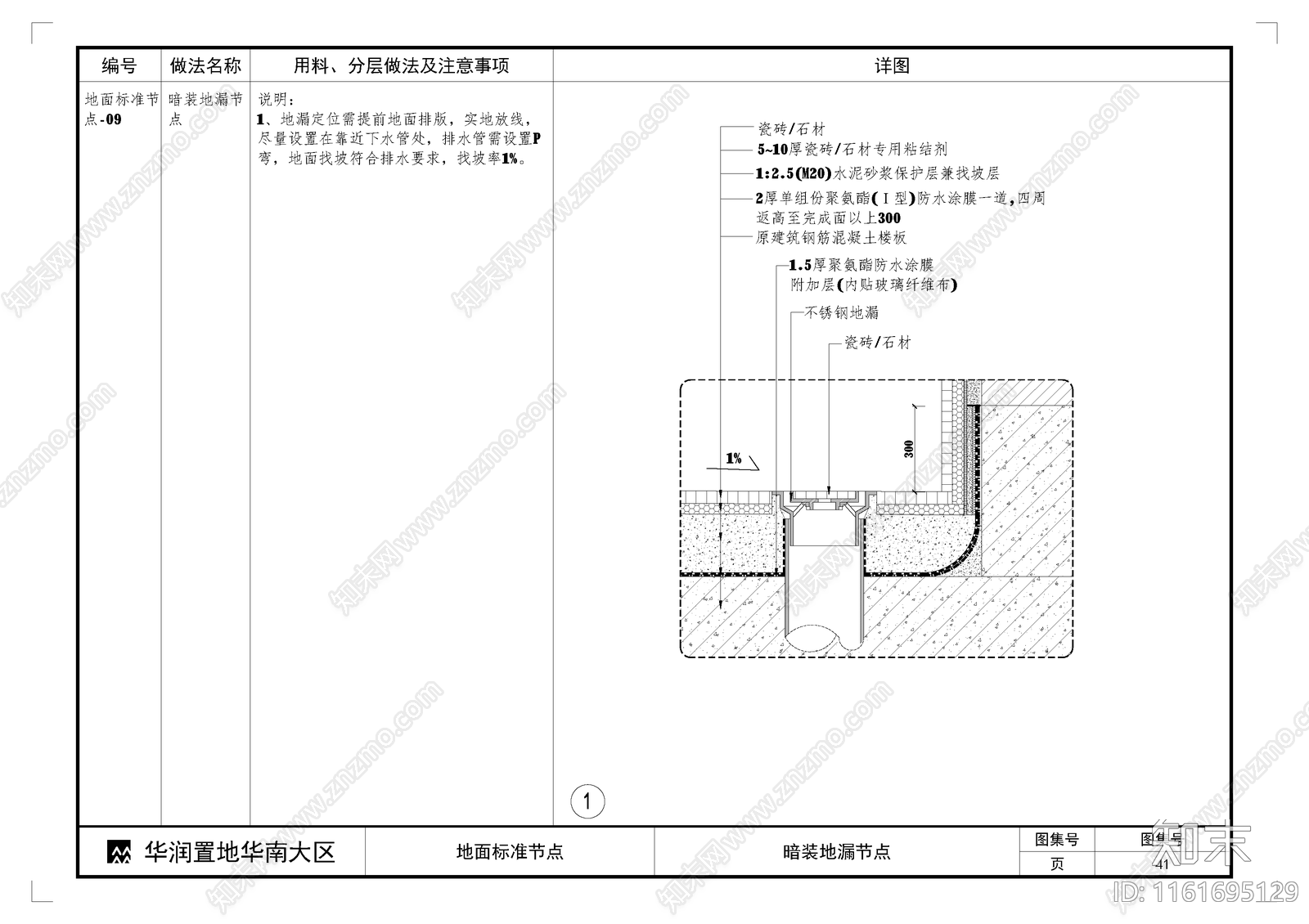 暗装地漏节点施工图下载【ID:1161695129】