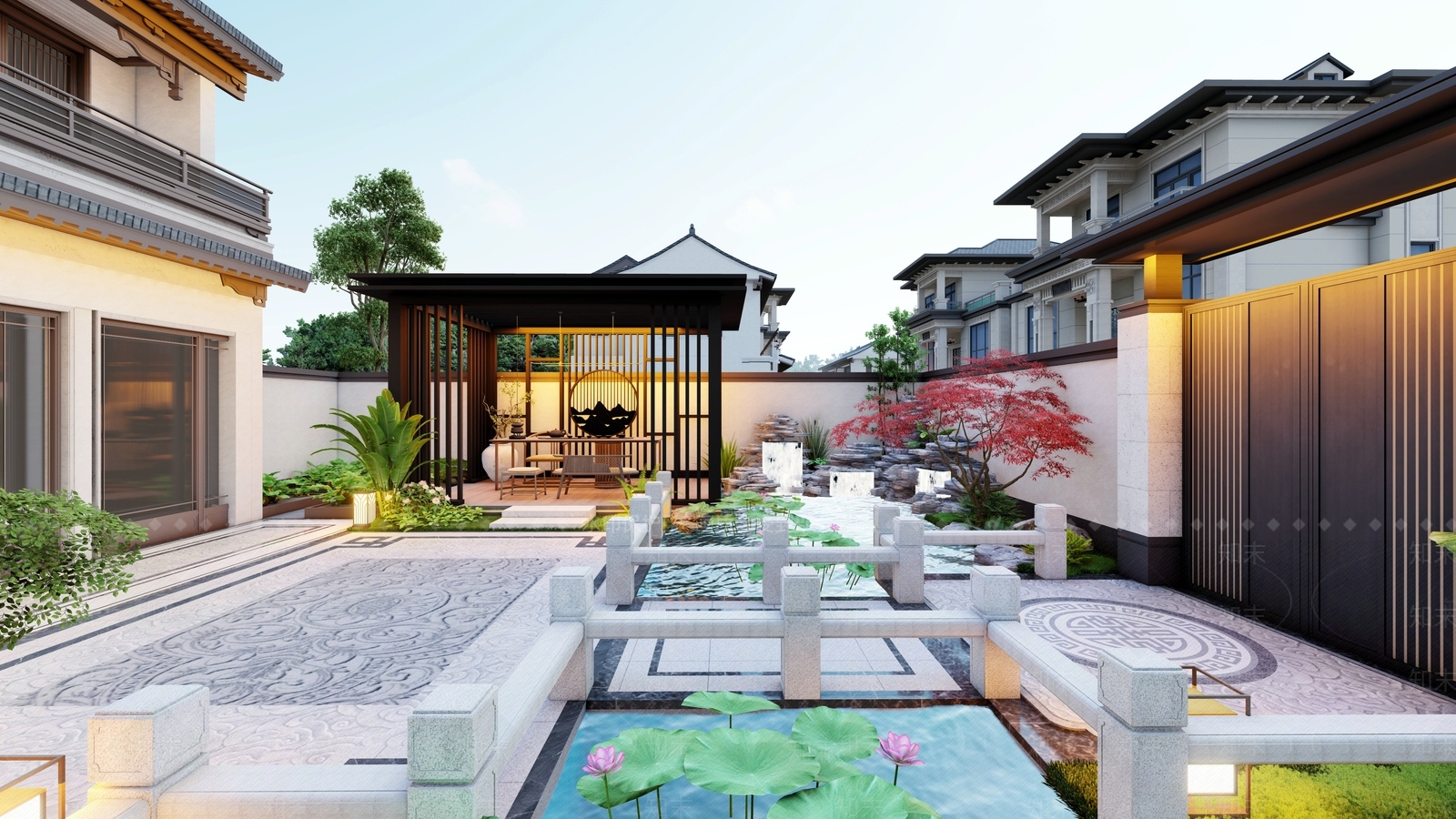 新中式别墅庭院花园景观SU模型下载【ID:1161699442】