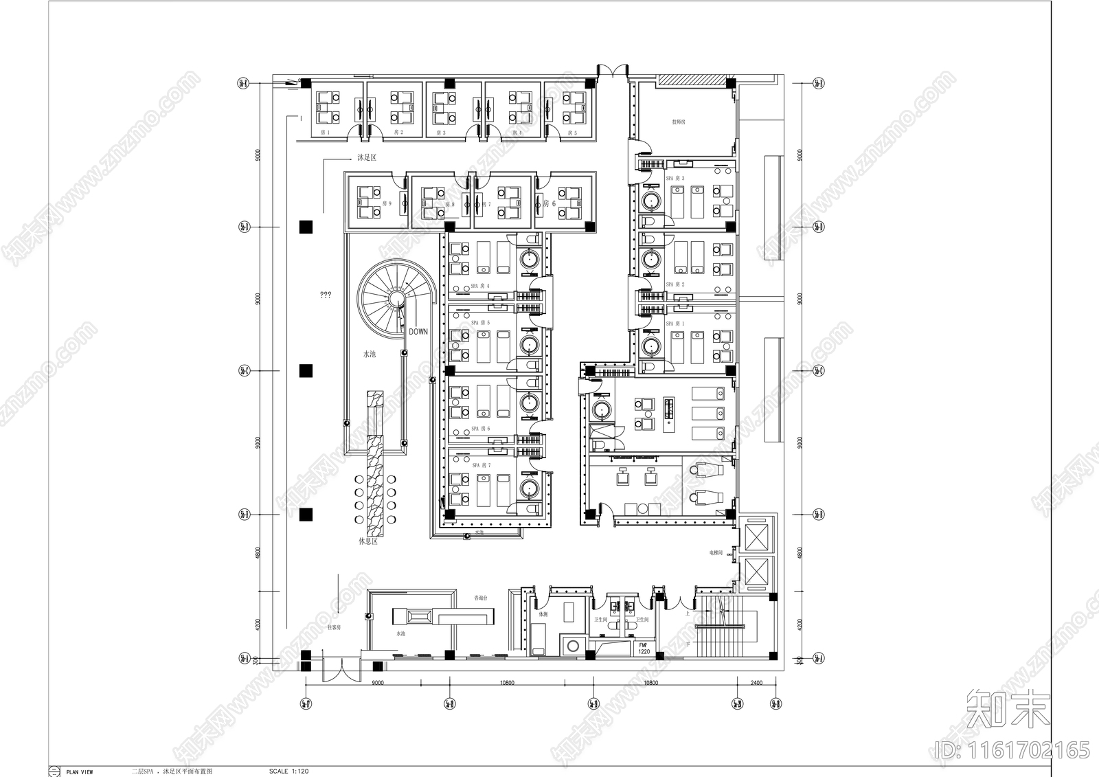 现代商务酒店休闲娱乐区SPA室美发中心沐足房室内精装修cad施工图下载【ID:1161702165】