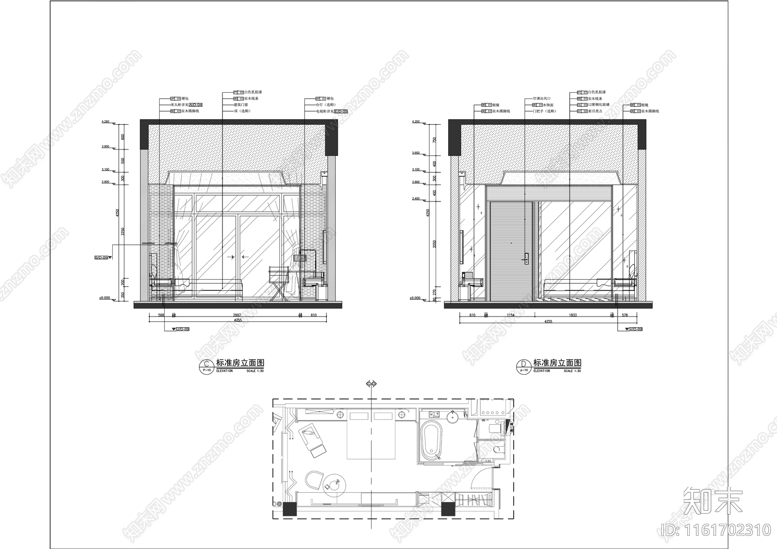 现代商务酒店标准大床房室内精装修cad施工图下载【ID:1161702310】