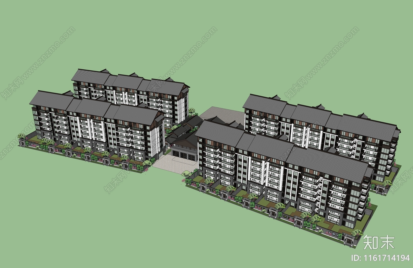 新中式多层住宅及入口门头SU模型下载【ID:1161714194】