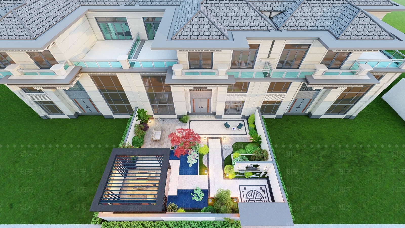 现代新中式别墅庭院花园景观SU模型下载【ID:1161717041】