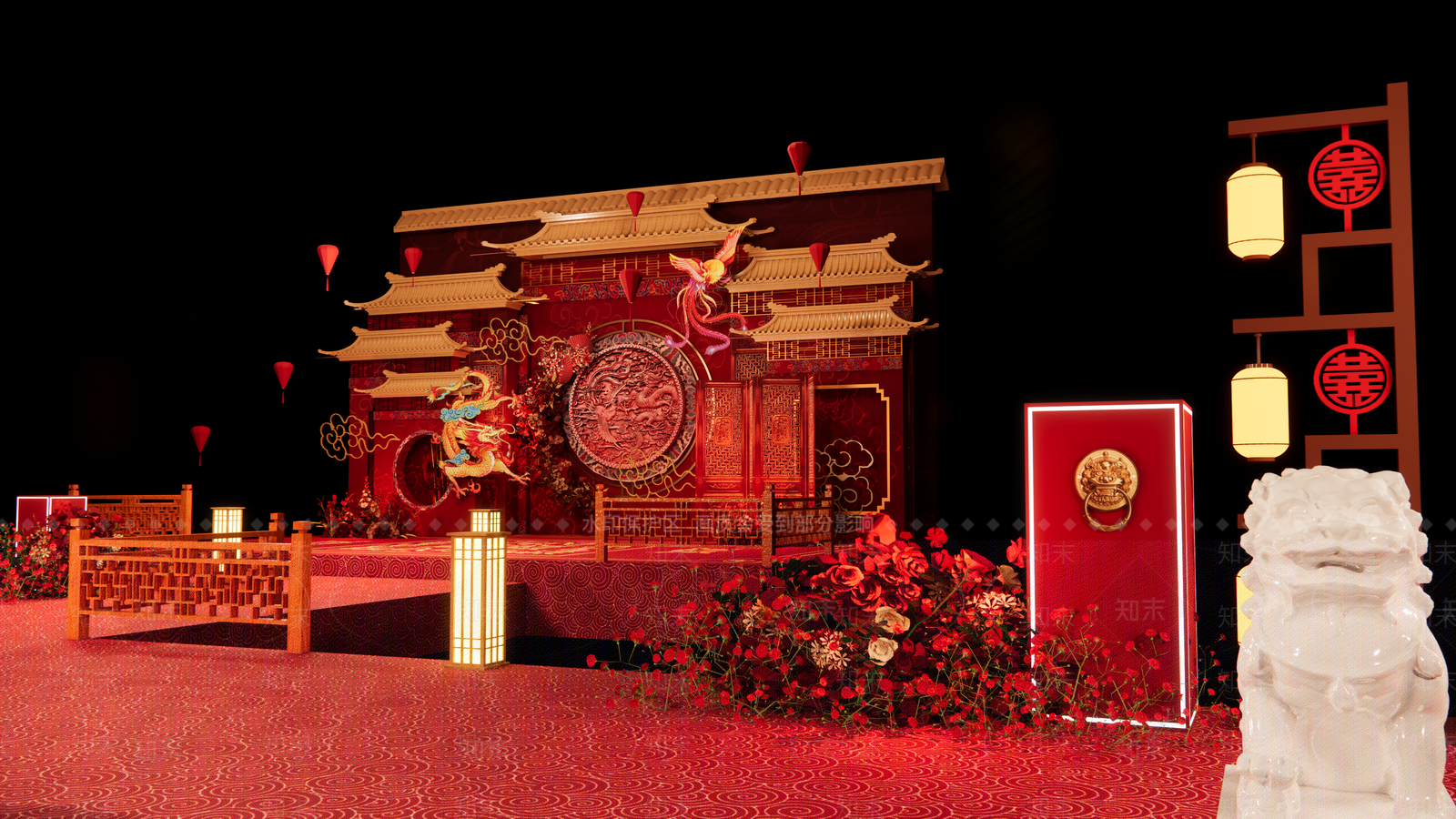 中式婚礼T台主持台背景墙美陈SU模型下载【ID:1161775014】