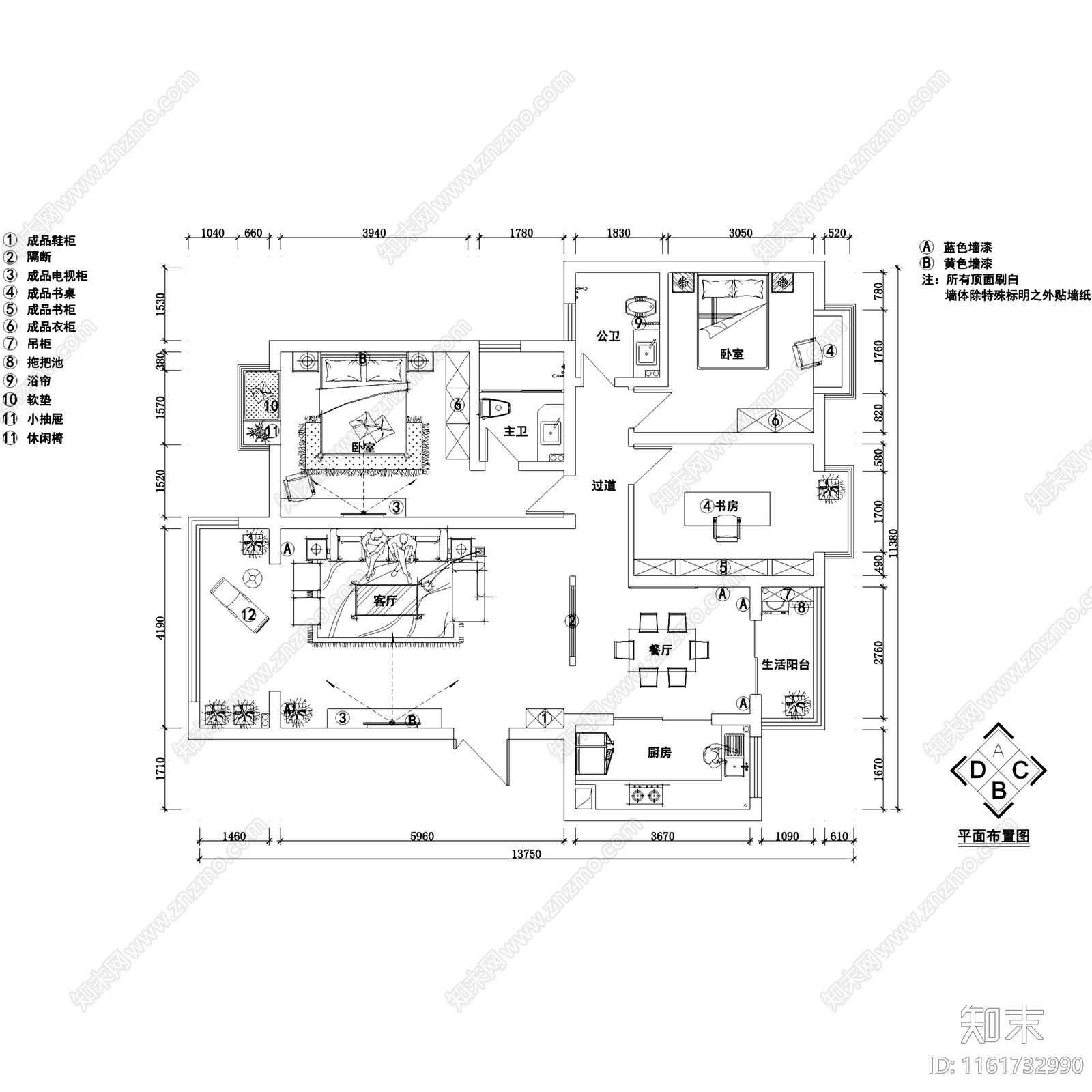 新中式三室两厅两卫室内家装cad施工图下载【ID:1161732990】