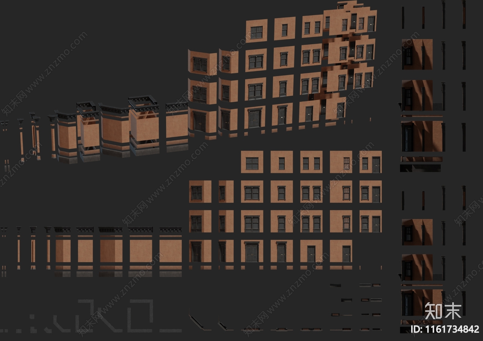 现代城市建筑门窗公寓立面模块3D模型下载【ID:1161734842】