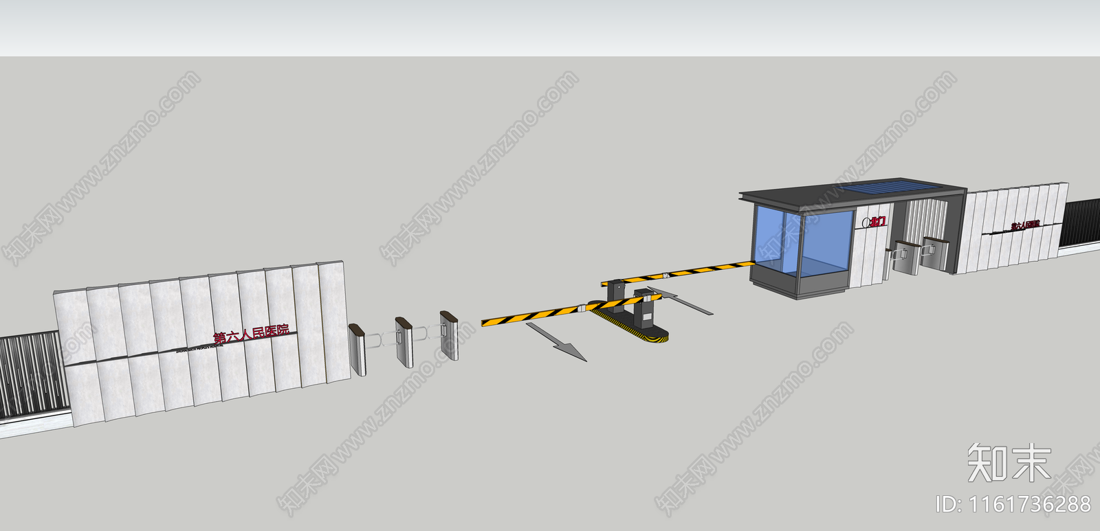 现代医院学校公建入口岗亭景墙道闸SU模型下载【ID:1161736288】