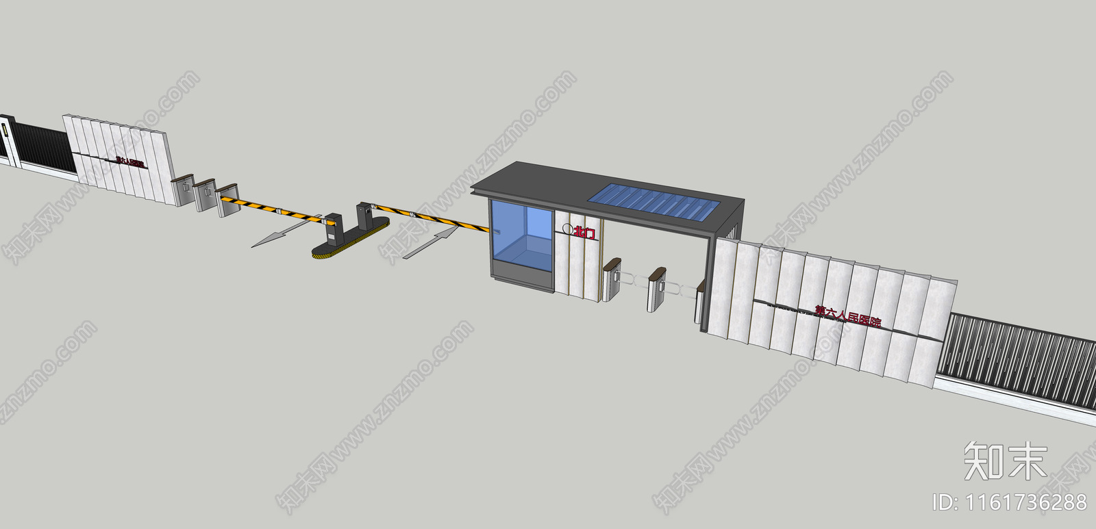 现代医院学校公建入口岗亭景墙道闸SU模型下载【ID:1161736288】