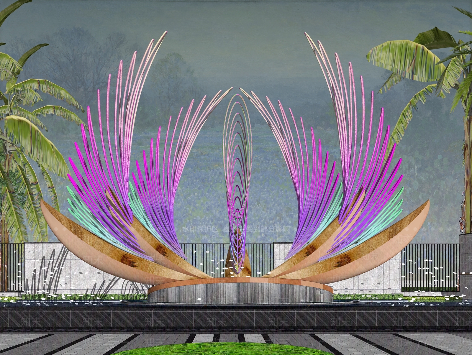 现代抽象羽毛翅膀主题商业外摆雕塑SU模型下载【ID:1161737503】