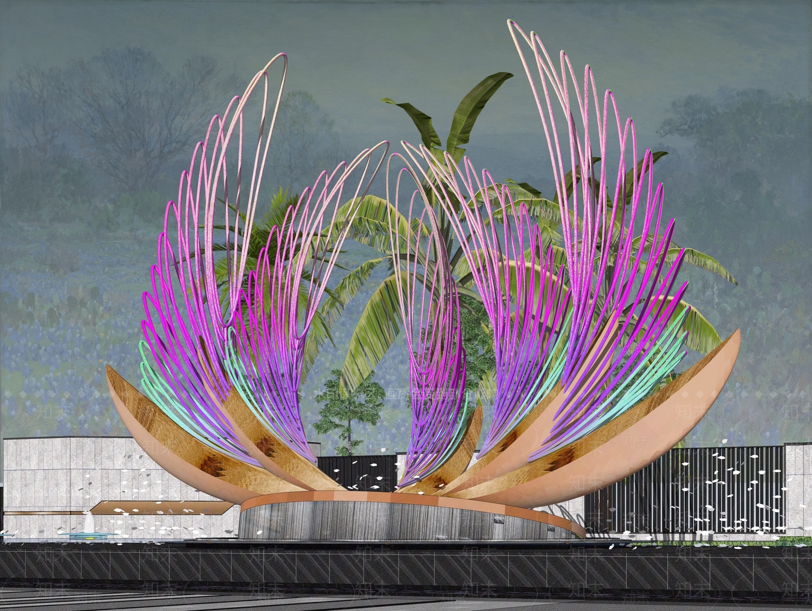 现代抽象羽毛翅膀主题商业外摆雕塑SU模型下载【ID:1161737503】