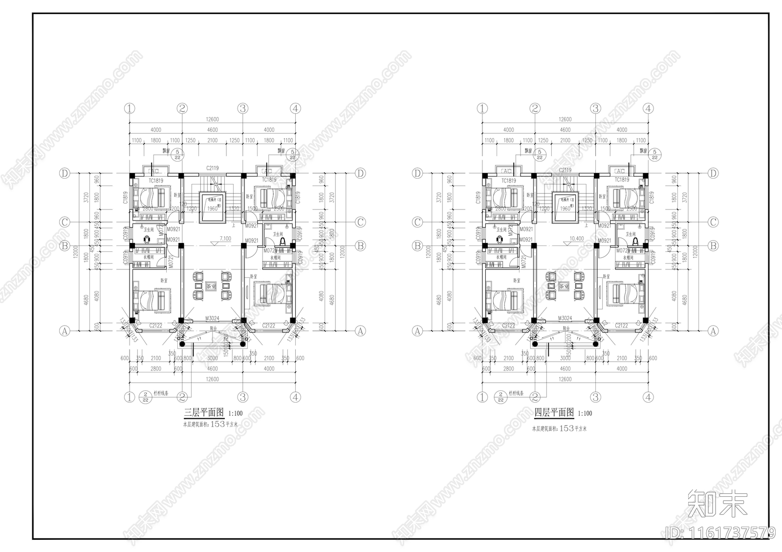 13x12m四层半欧式自建别墅建筑cad施工图下载【ID:1161737579】