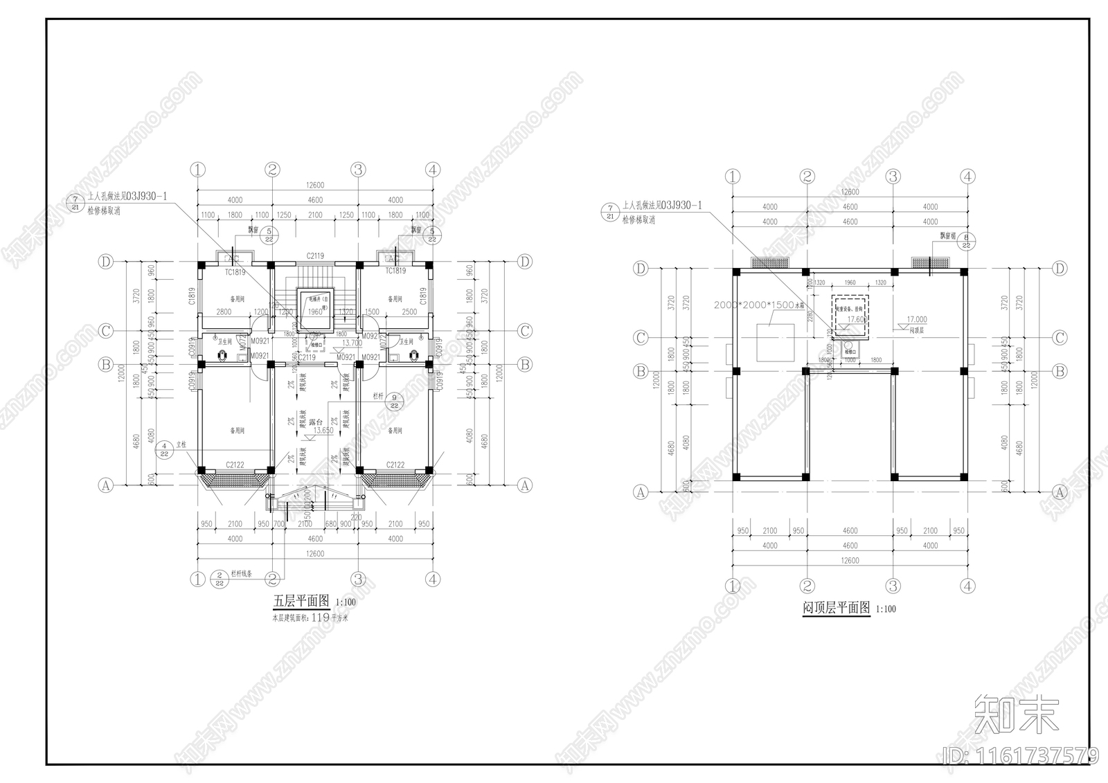 13x12m四层半欧式自建别墅建筑cad施工图下载【ID:1161737579】