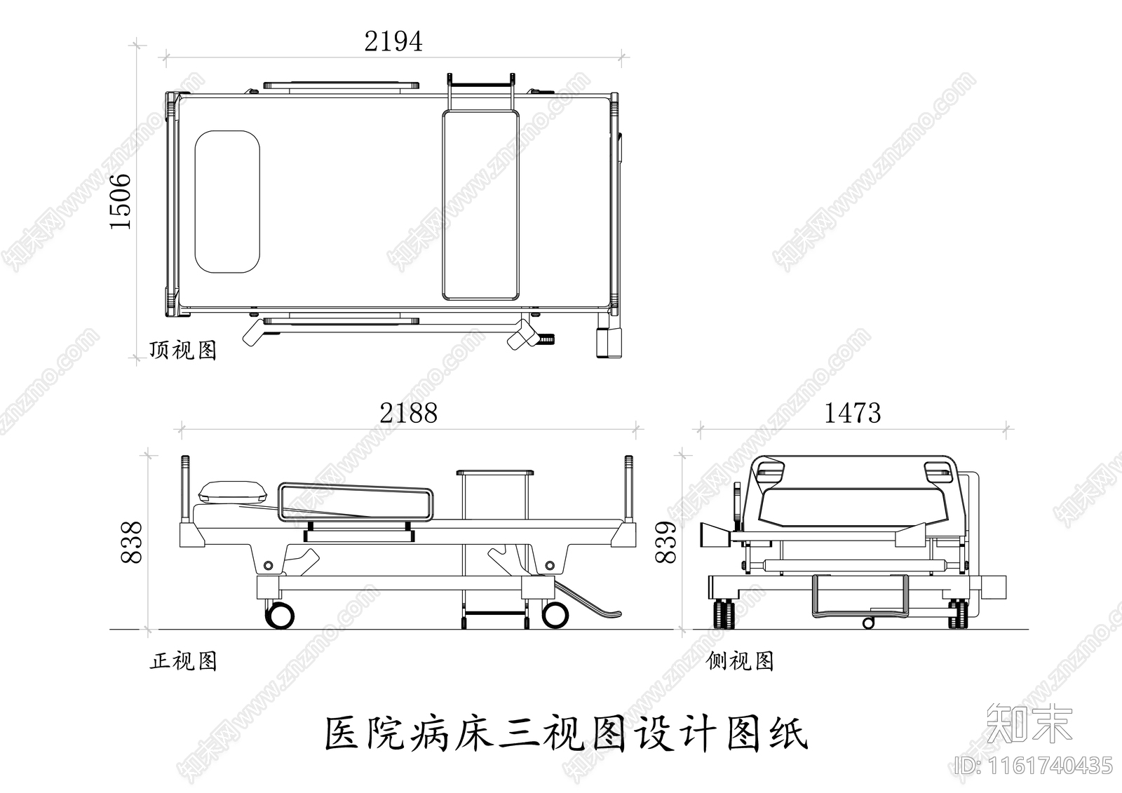 医院病床三视图cad施工图下载【ID:1161740435】